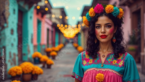 Woman in traditional Mexican attire celebrates a festive holiday in a vibrant street.