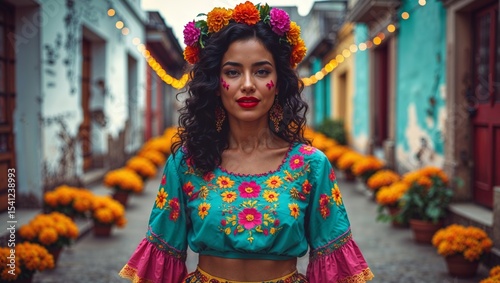 A woman celebrates Dia de Muertos, wearing a floral crown and vibrant attire in a festive scene.