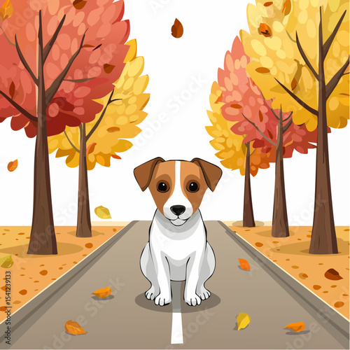 jack russel puppy on autumn alley