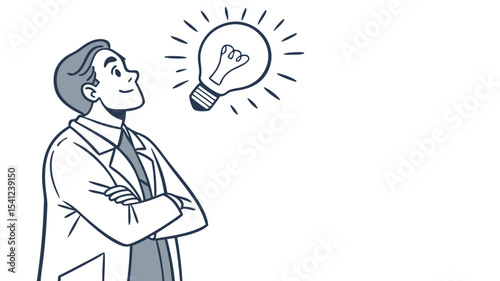 Man in lab coat with arms crossed looking up at a light bulb representing a new idea or innovation moment