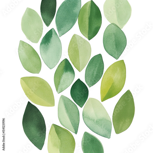 Watercolor leaves pattern background in green shades for nature and spring themed designs and illustrations on transparent background