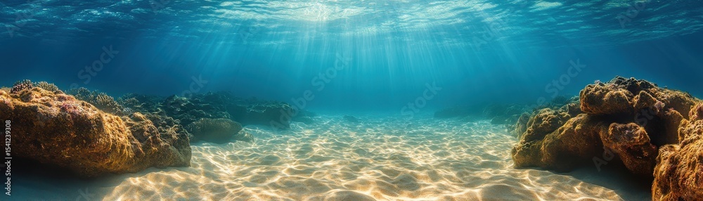 Obraz premium Underwater seascape showing sunlight filtering through clear blue water onto a sandy ocean floor with rocks on each side.