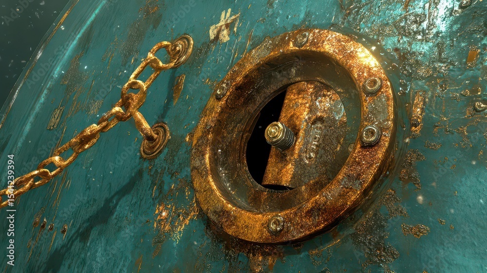 Rusty Metal Hatch, Chain, Underwater Rusty Metal Hatch, Chain, Underwater