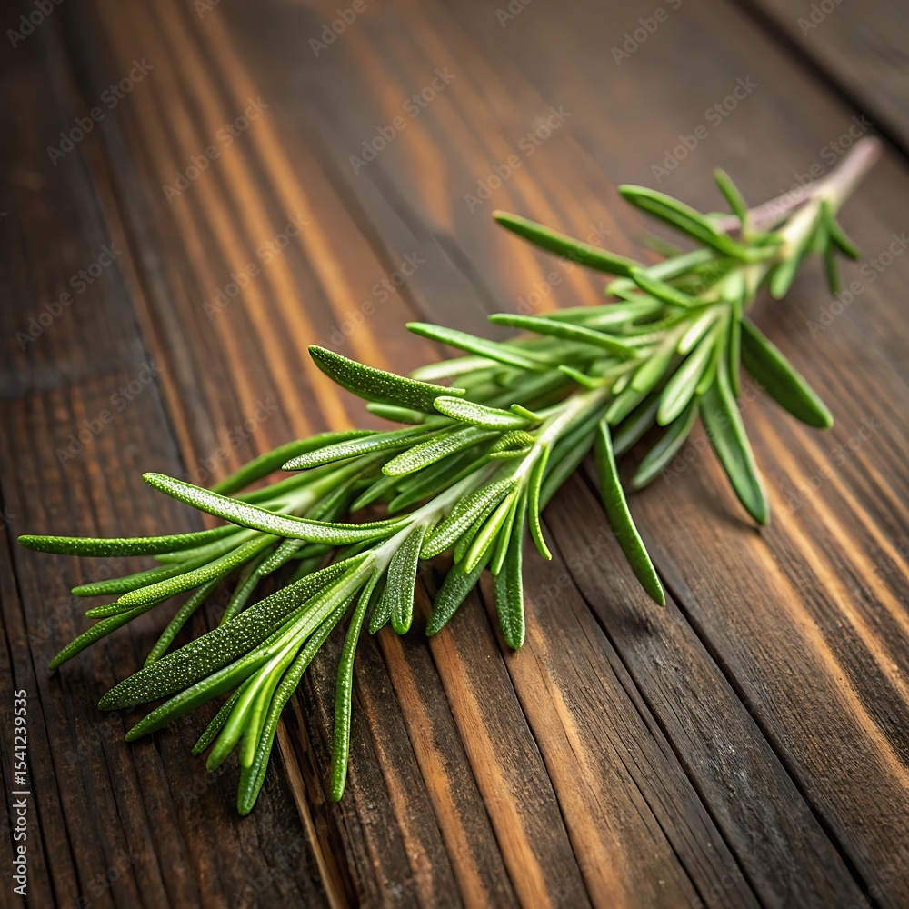 Fresh green rosemary sprig on rustic wooden background with detailed texture and lighting Fresh green rosemary sprig on rustic wooden background with detailed texture and lighting