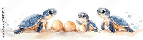 Three baby sea turtles hatch and move across the sandy beach near their eggs in a delicate watercolor painting.