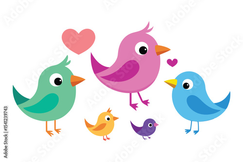 Cute Cartoon Bird Illustration Green, Pink, Yellow, Blue, and Purple Birds With Heart Elements