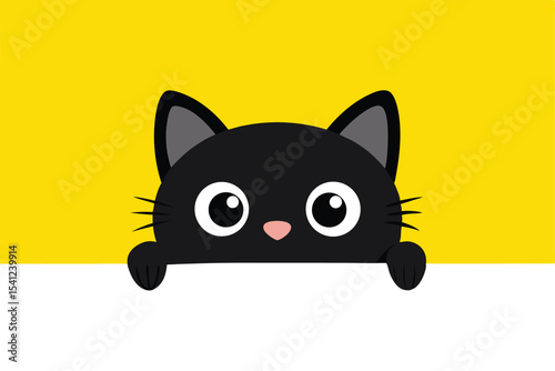 Cute Cartoon Black Cat Peeking Over White Surface with Bright Yellow Background