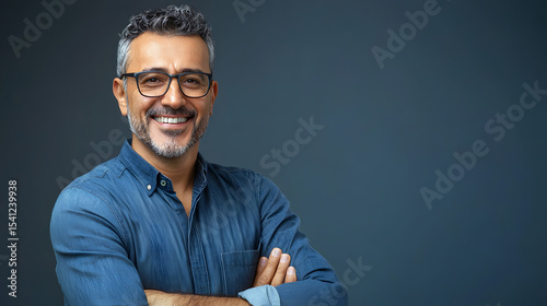 Middle age bussines arab man wearing glasses over isolated background happy face smiling