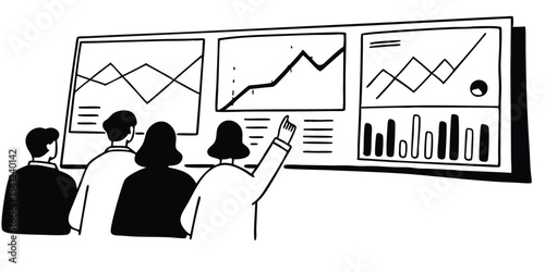 Team analyzing data on a large screen with graphs and charts in black and white illustration style