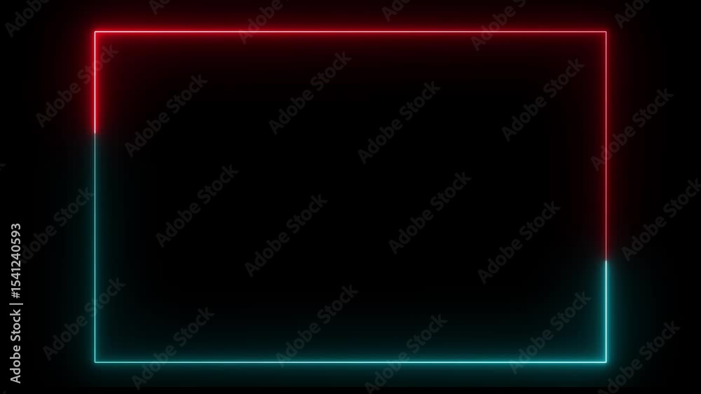 square rectangle picture frame icon animation glowing neon red and cyan color border frame display neon box movement screen round shape rotation footage retro line banner on black background