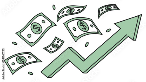 An upward trending arrow with floating dollar bills suggesting financial growth and increasing revenue stream