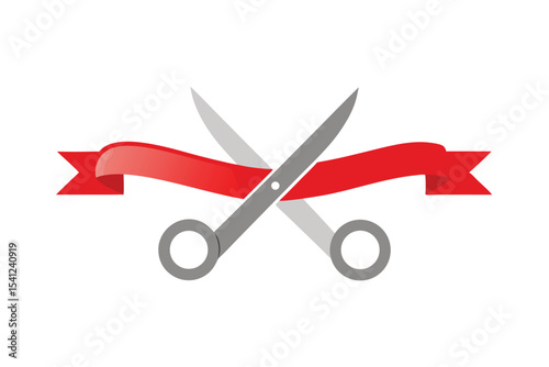 Gray Scissors Cutting a Vibrant Red Ribbon on a Clean White Background