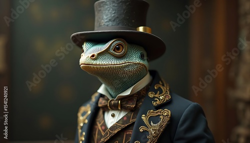 A dapper lizard, elegantly dressed in a Victorian suit and top hat, posing formally.