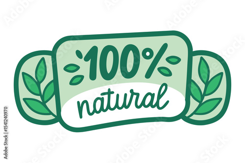 Green 100% Natural Label with Leaves, Organic Certification, and EcoFriendly Product Assurance