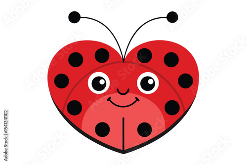 HeartShaped Ladybug Illustration with Smiling Face, Black Spots, and Antennae on a White Background
