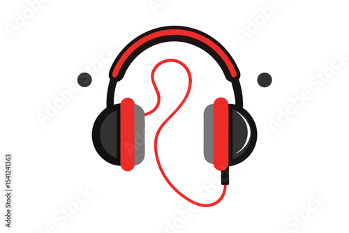 Minimalist Illustration of Black and Red Headphones with Cable and Symmetrical Black Dots on White