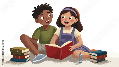 Smiling Boy and Girl Reading Books – Cute Educational Cartoon Illustration