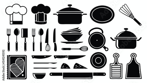 A collection of silhouetted kitchen tools and cookware for culinary arts and food preparation