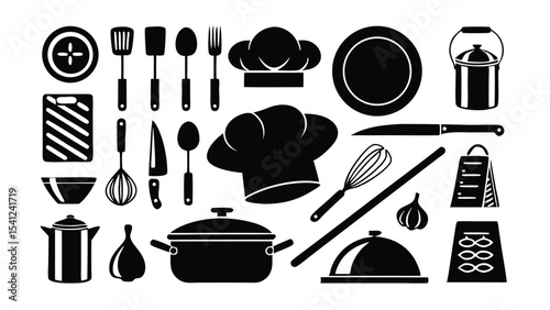 A collection of vector kitchen cooking tools and accessories for a chef in monochrome color design