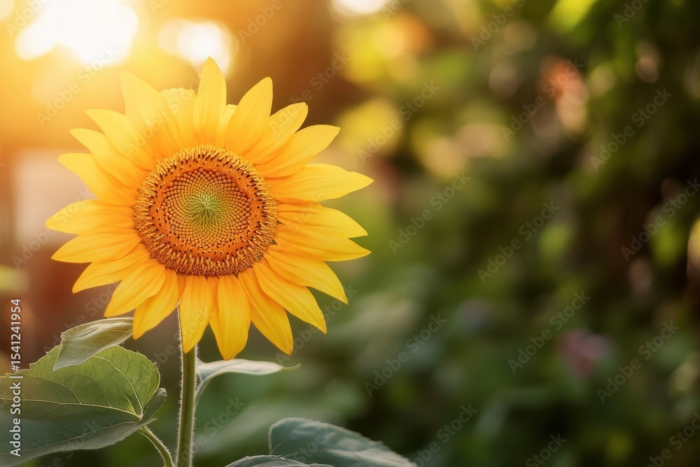 Fototapeta premium Bright sunflower blooming in sunlit garden with lush green leaves and blue sky, Sunflower in sunlit garden with green leaves and blurred background