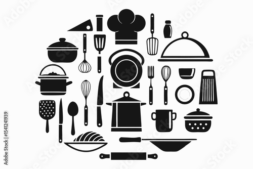 Black and white illustration of kitchenware items arranged in a circular formation for cooking purposes.