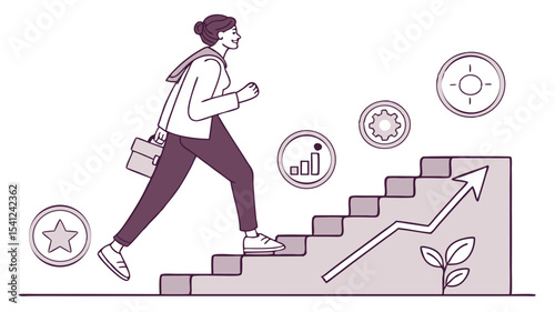Woman with briefcase walking up stairs with arrow and plant representing growth and achievement path