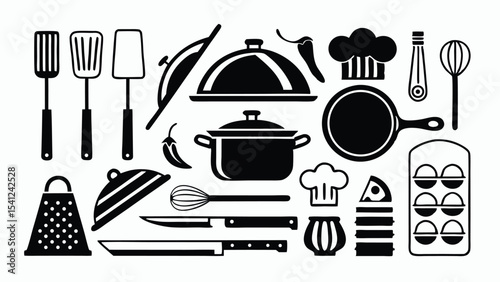 Collection of black silhouette kitchen utensils and cooking tools for restaurant and food design