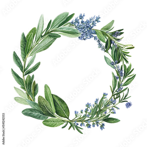 Watercolor floral wreath with lavender and sage leaves for wedding invitation design frame element on transparent background