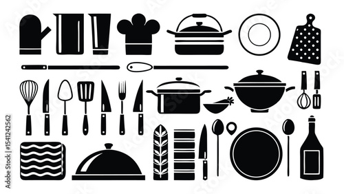 Collection of black silhouette illustrations of cooking utensils and kitchenware perfect for culinary themes