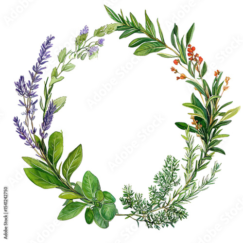 Watercolor herbs wreath lavender rosemary thyme sage botanical circle floral design element for invitation 100 on transparent background