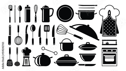 Collection of various black and white kitchen utensils and cooking tools isolated on white background
