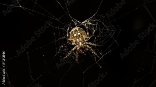 4K UHD macro video, a spider spins its intricate web against a black night background, capturing the eerie beauty of nature as the arachnid weaves with precision—an animal both scarey and fascinating.