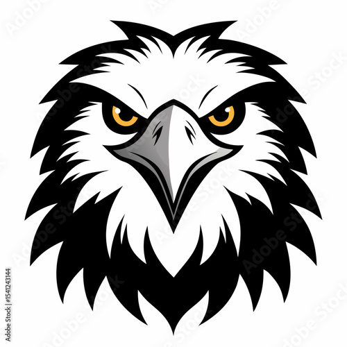 Create a simple and black flying bald eagle face silhouette vector on a white background.