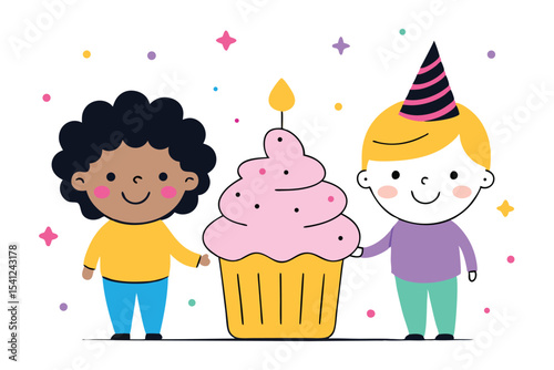 Two Cartoon Kids Celebrating Birthday with Huge Cupcake and Confetti Around Them