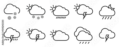 Linear Weather Icon Set – Sun, Rain, Wind, Storm, Cloud, and Forecast Symbols Collection