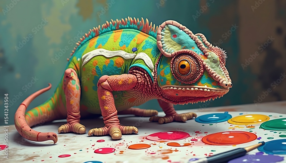 Obraz premium A colorful chameleon stands on a surface with spilled paint, seemingly having been painting with a pencil.