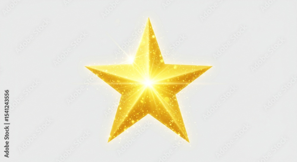 Obraz premium Yellow star flashed with sparkles sun isolated on white background. Soft glow without departing rays, sunlight with lens flare effect