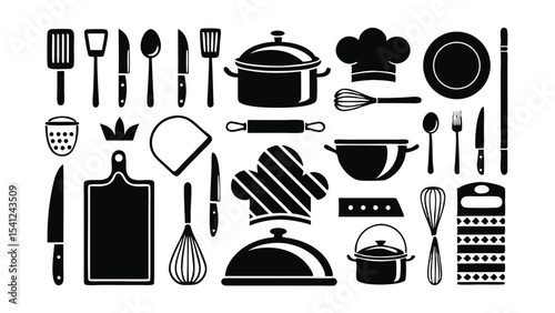 Silhouetted kitchen utensils and cooking tools arranged to create a culinary and restaurant themed illustration