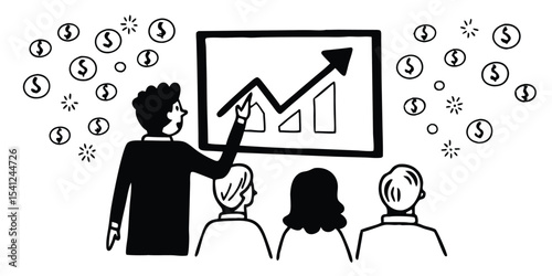Presentation with upward trending graph and dollar signs showing financial growth to audience members