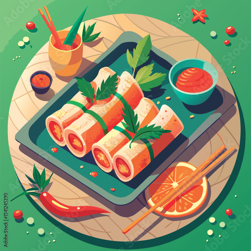 Delicious spring rolls on a platter.