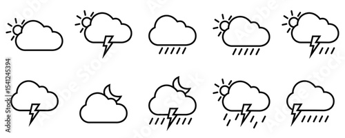Linear Weather Icon Set – Sun, Rain, Wind, Storm, Cloud, and Forecast Symbols Collection
