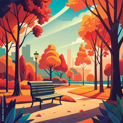 Autumn park bench scene with fall colors.