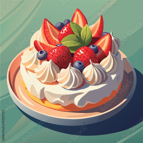 Vector illustration of a Delicious strawberry pavlova dessert.