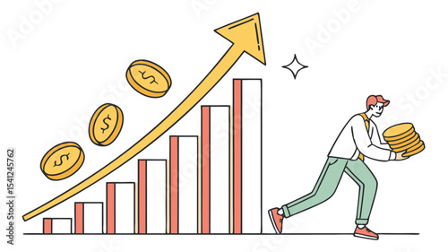 Illustration depicting financial growth with a man carrying coins and an upward trending arrow graph line