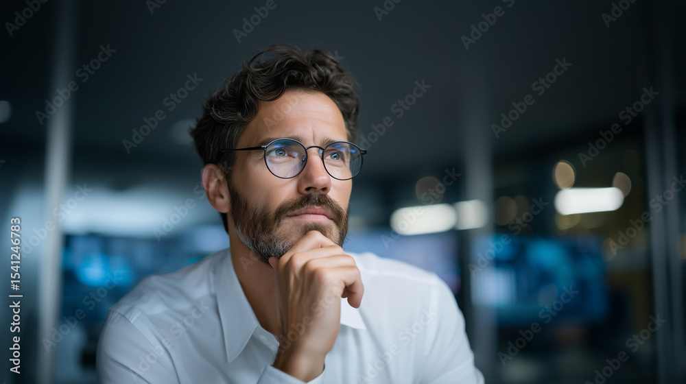 Naklejka premium Thoughtful entrepreneur with glasses in contemplative pose at modern office
