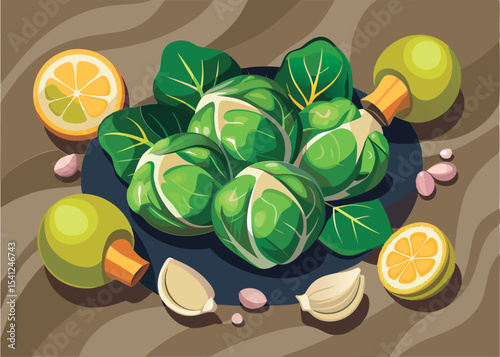 Fresh Brussels sprouts. lemon. and garlic.