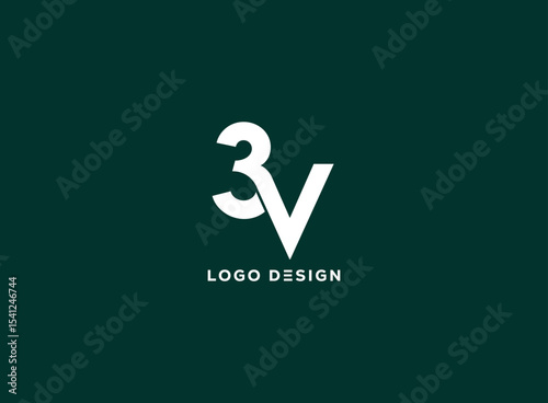 Modern white 3V monogram logo design on dark green background, combining number and letter in bold minimal style, perfect for tech, branding, or digital business identity