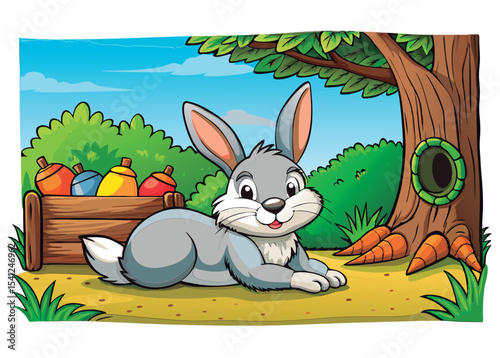 Cute gray bunny resting in a sunny glade.