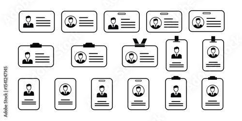 ID card icon set. Line ID card badge. Pass card identity