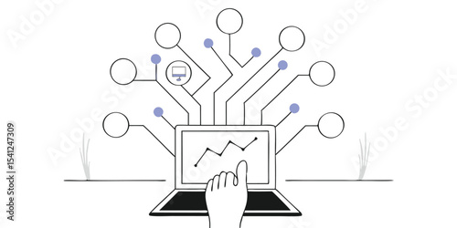 Laptop with graph and hand interacting with a network of connected devices and data points shown